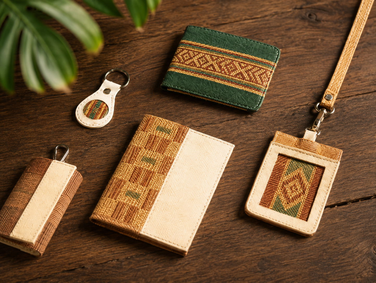 Natural teak wooden items, handwoven textile, and organic goods arranged on linen cloth