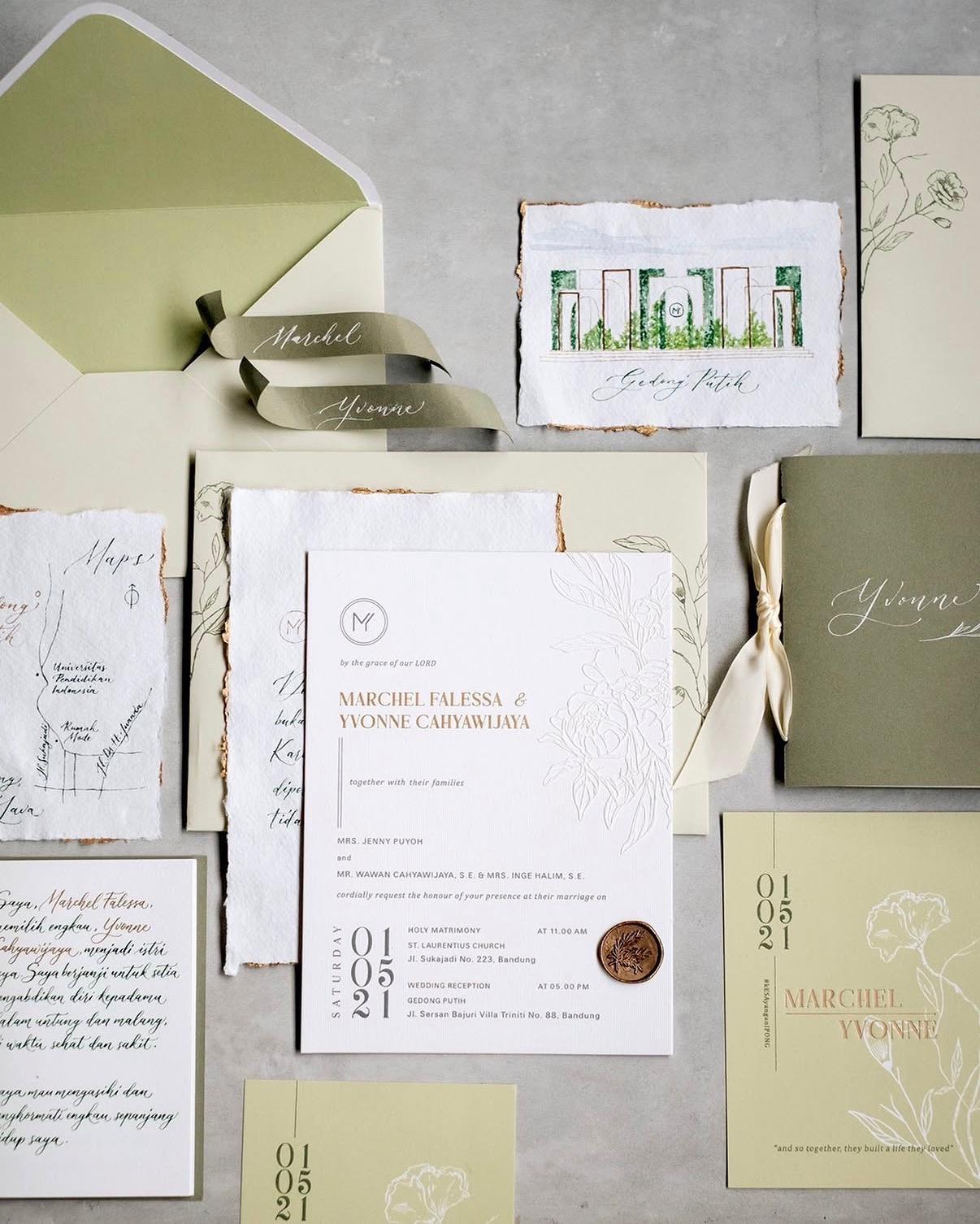 Sage green wedding invitation suite with watercolor venue sketch and hand calligraphy