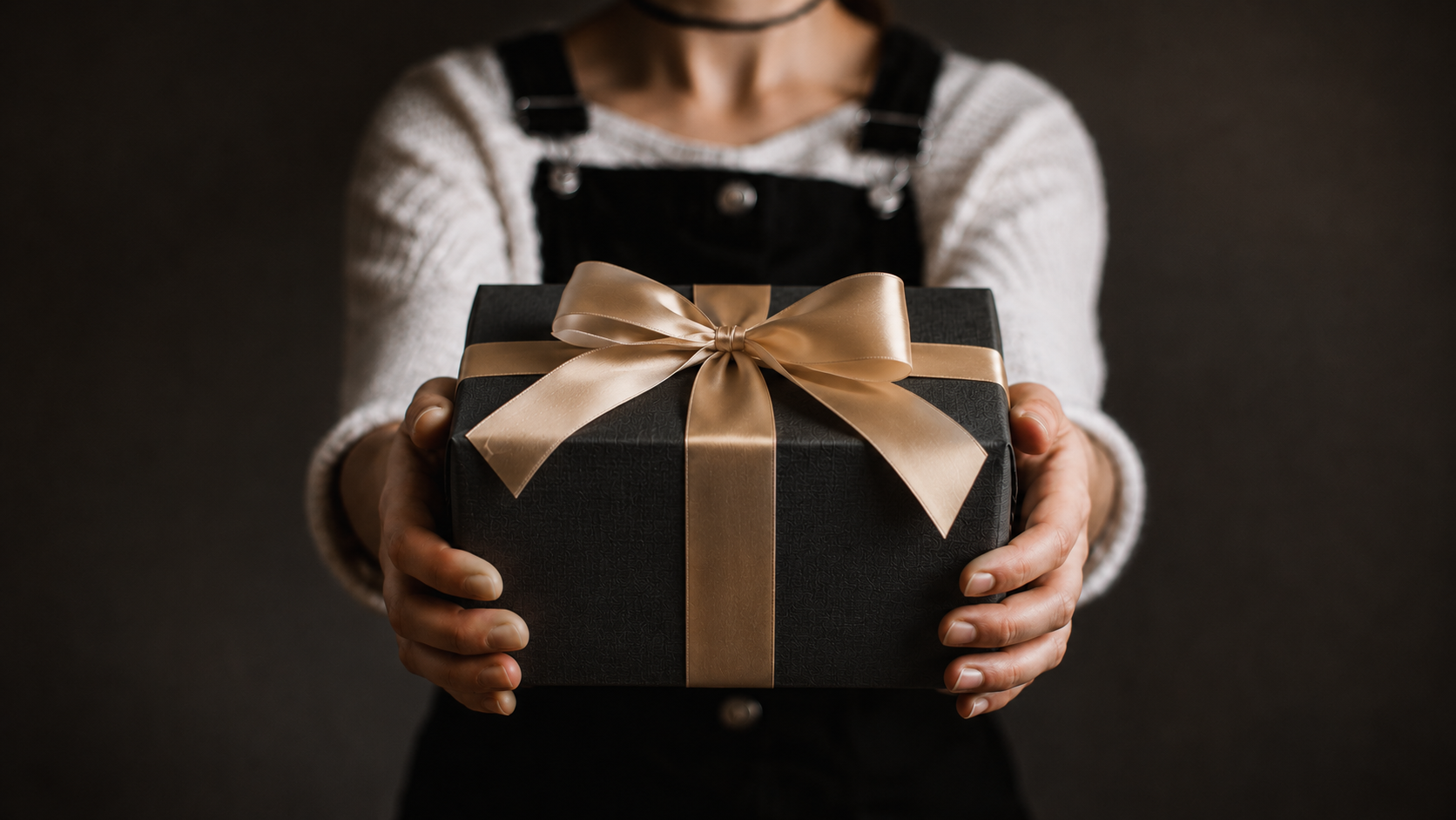 Hands presenting a black gift box with a gold satin bow