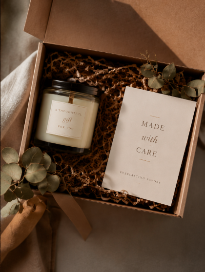 Thoughtful gift box with candle and 'Made with Care' card surrounded by eucalyptus